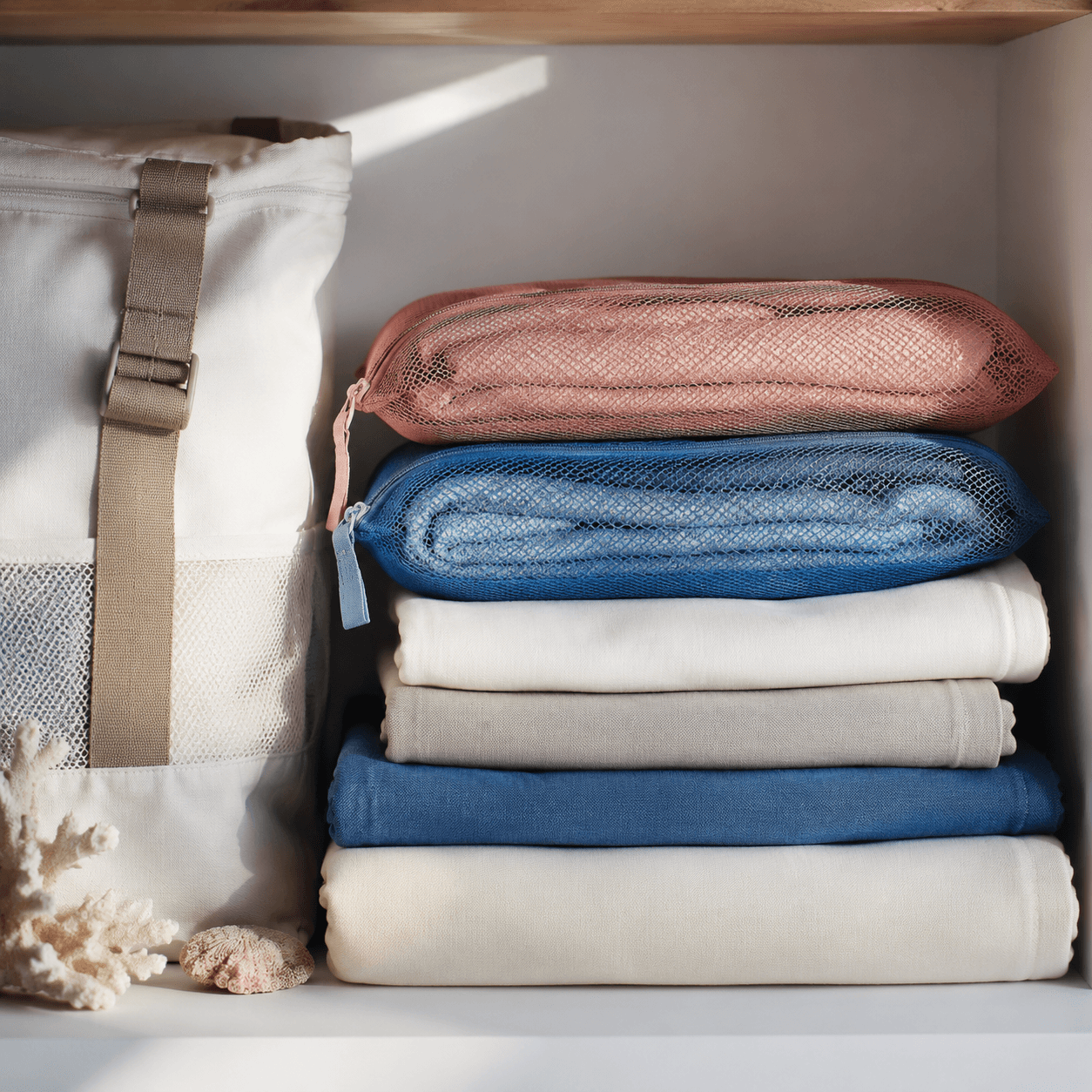 Neatly folded cotton and mesh organizers stacked on a shelf