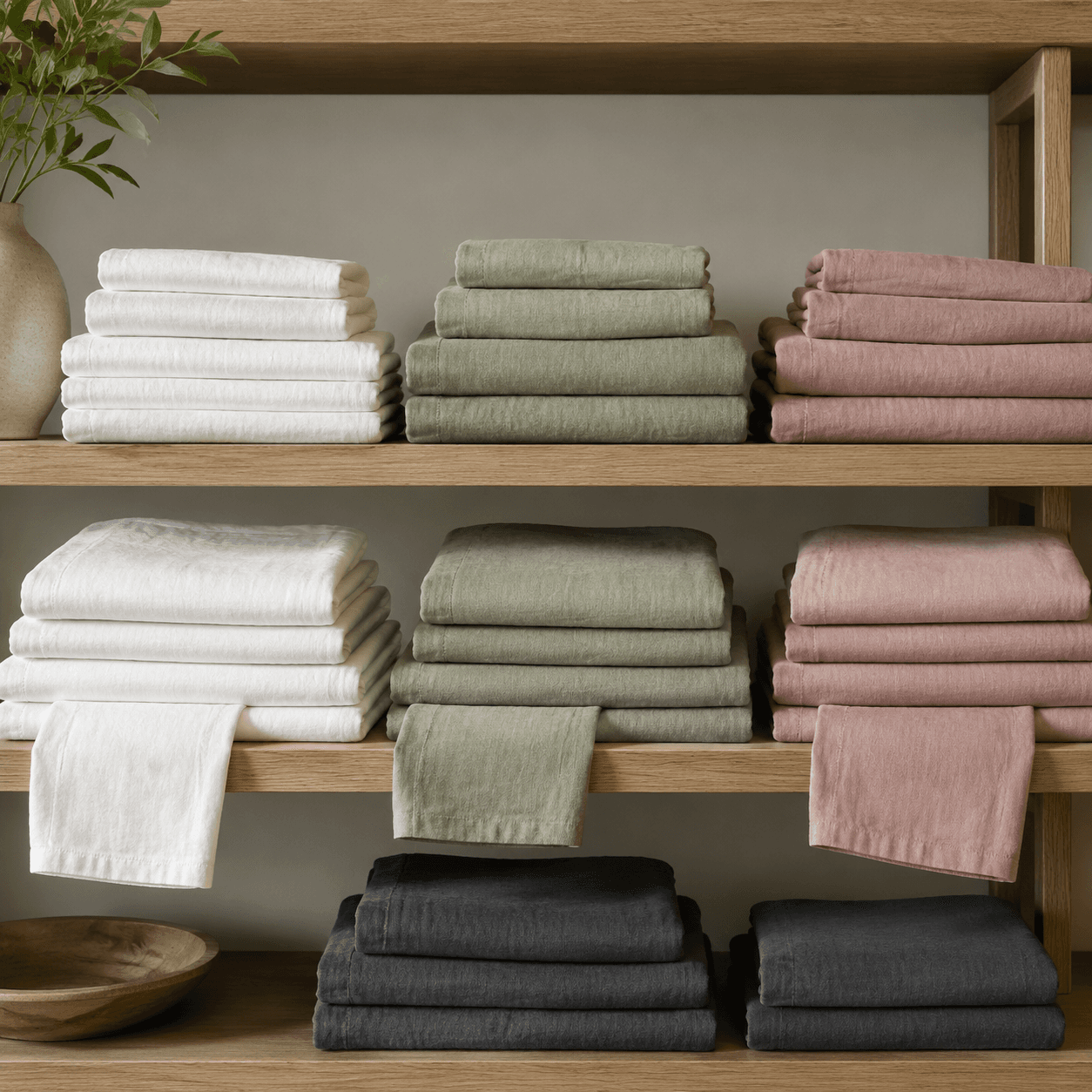 Folded stacks of plain neutral table linens on shelving