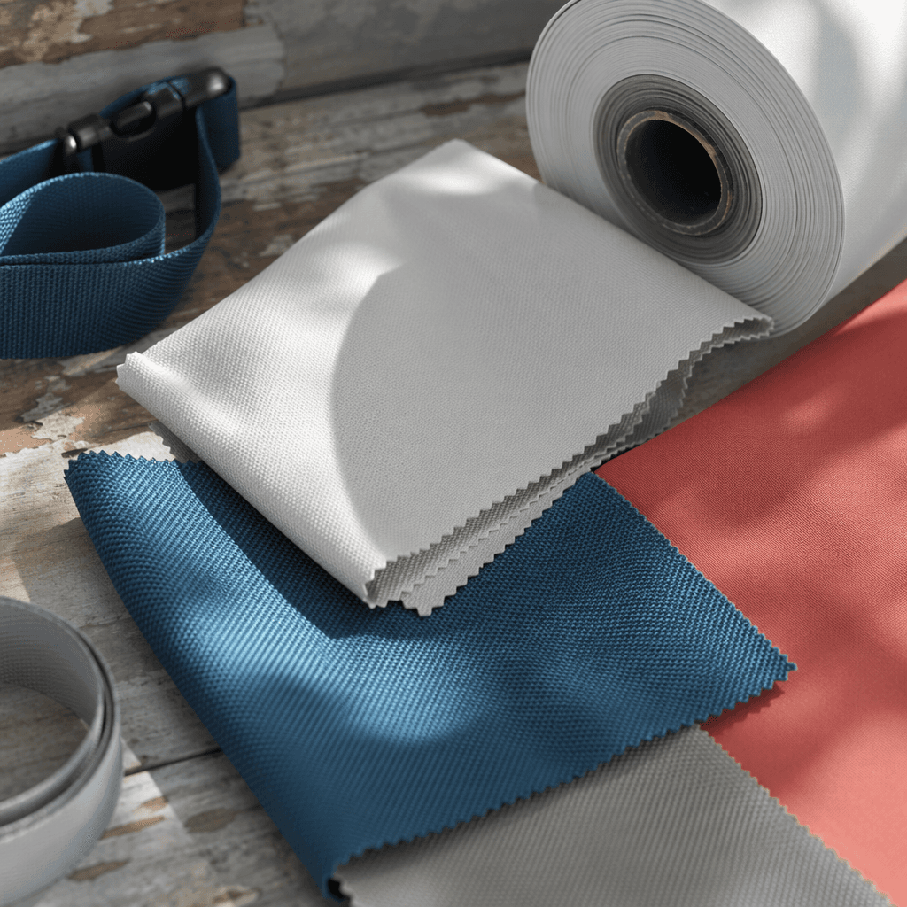 Fabric swatches and webbing in coastal tones on a workbench