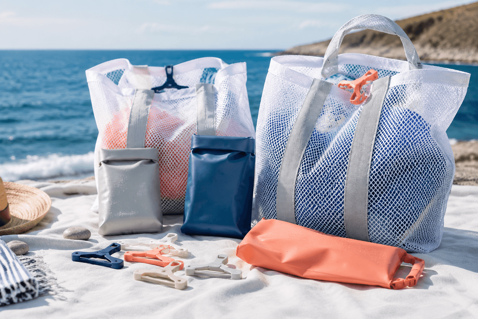 Mesh beach bags, towel clips and wet/dry pouches arranged on a bright seaside packing surface